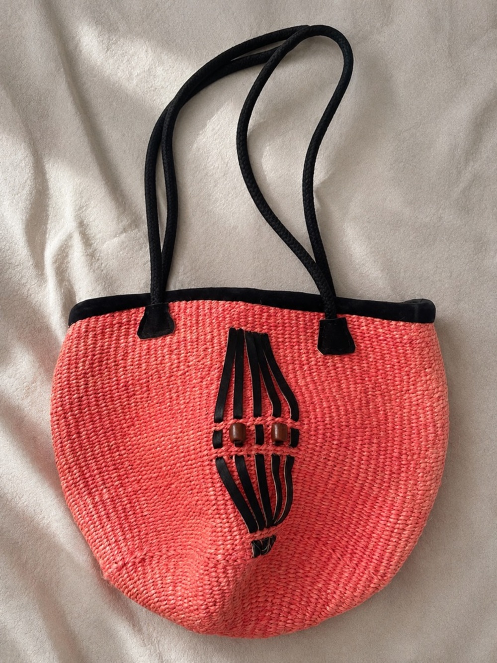 Neon Pink Woven Straw Tote Bag Boho Beach Market Shoulder Bag Black Rope Handles